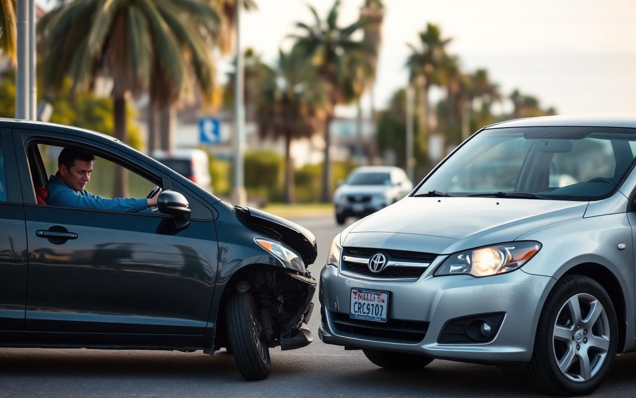 Two cars after a minor fender bender on a Southern California street with palm trees