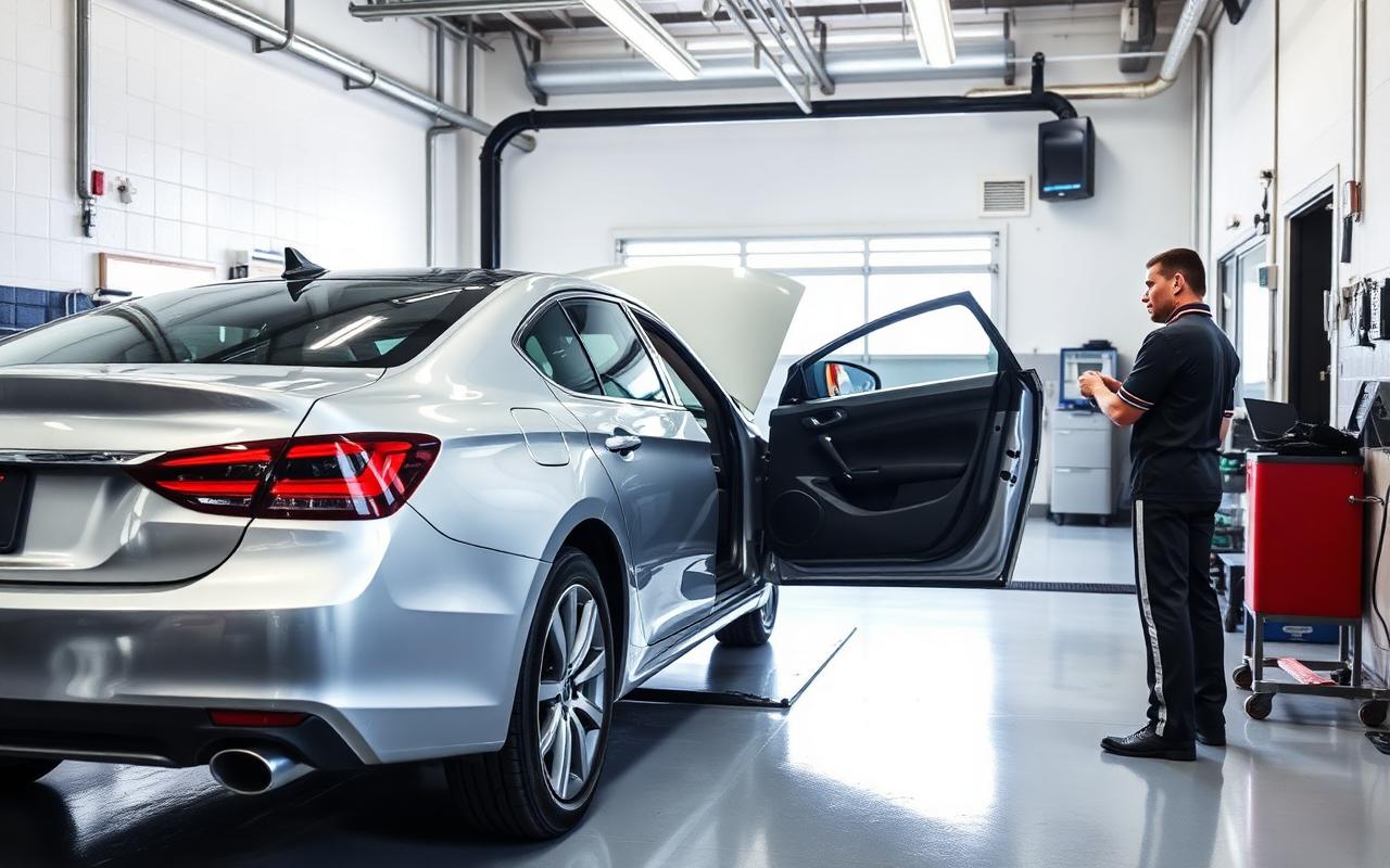 Silver sedan being inspected inside Next Gen Auto Body's Arcadia collision repair bay