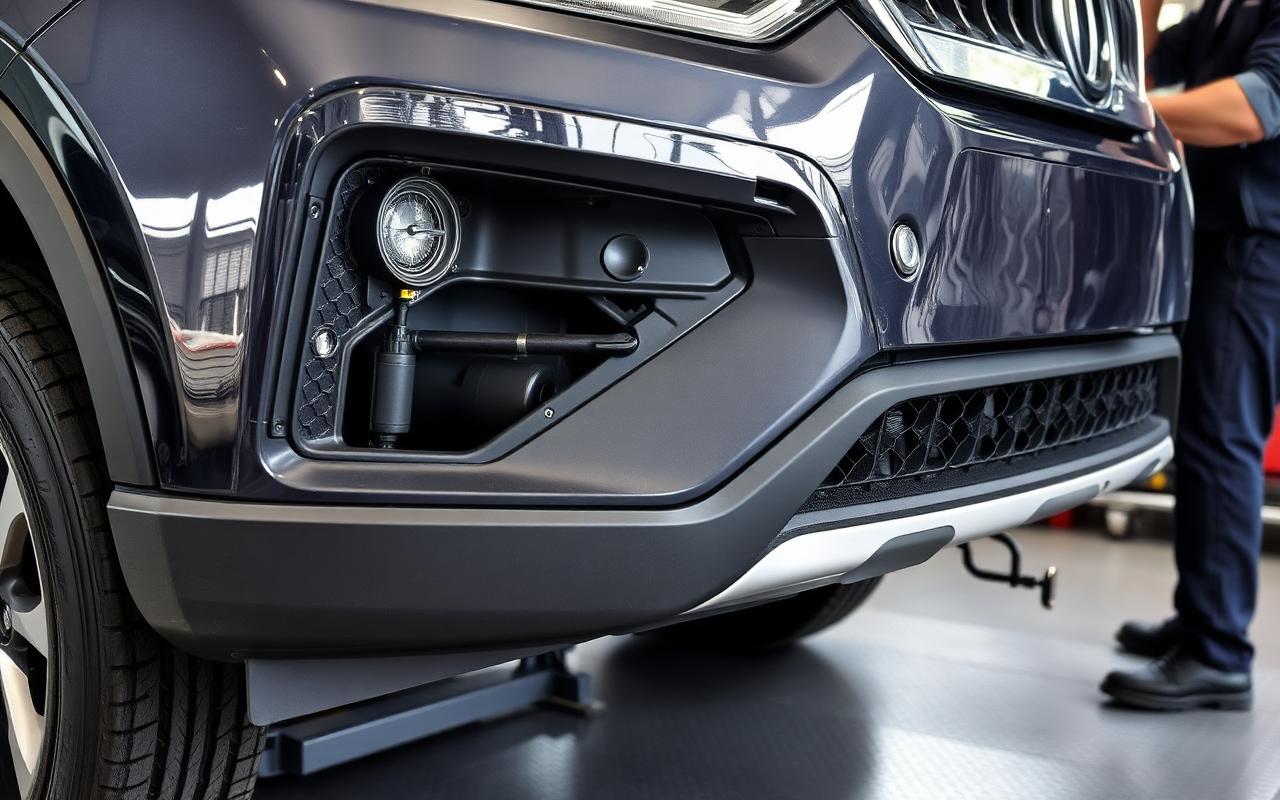 Front bumper of an SUV removed to reveal parking sensors and crash structure inside an auto body shop