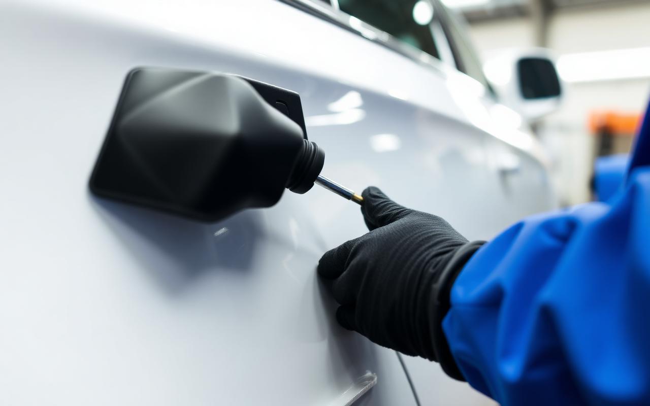 Paintless dent repair technician working on a white car panel with a specialized PDR tool