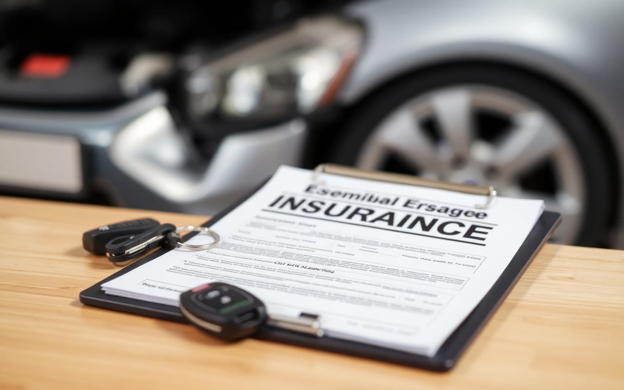 Auto insurance claim paperwork on a clipboard with car keys and a damaged vehicle in the background