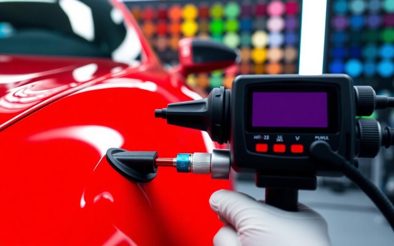 Spectrophotometer color matching a glossy red car panel in an auto paint shop