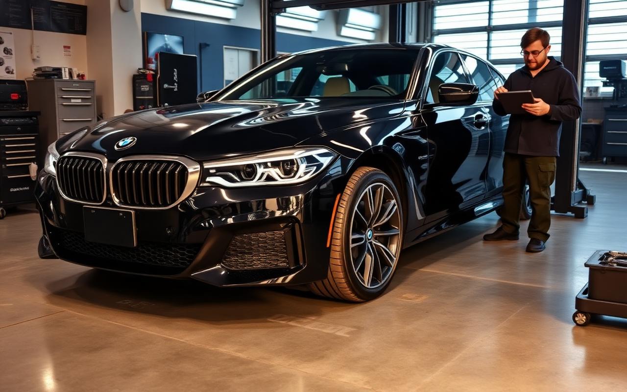 Black BMW luxury sedan in a Pasadena-area collision repair facility with a technician using a diagnostic tablet
