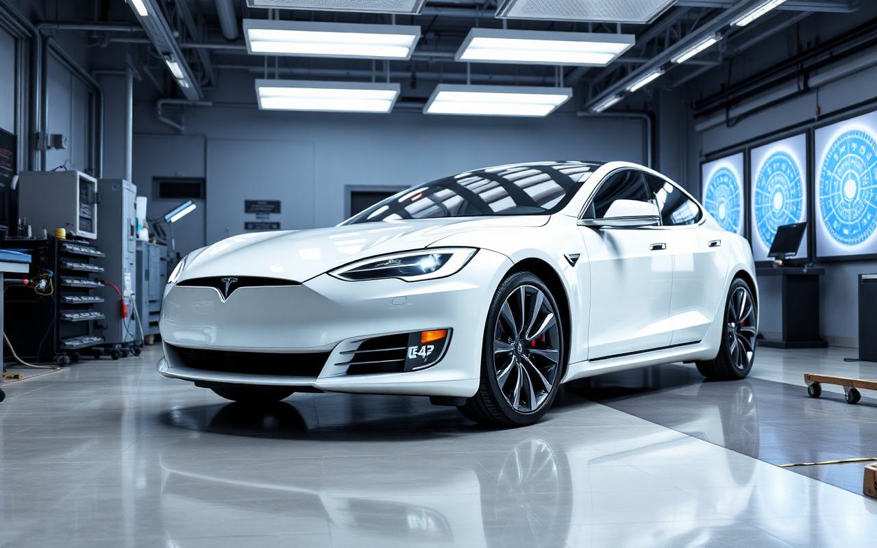 White Tesla Model S in a certified collision repair facility with ADAS calibration targets